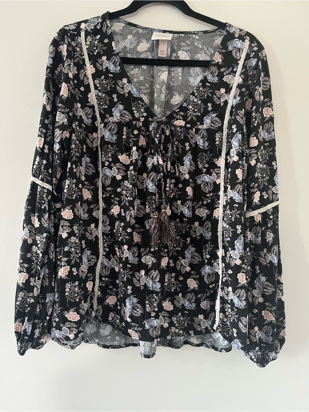 Knox Rose Black Floral Peasant Top XXL Cottagecore Prairie Romantic Poet